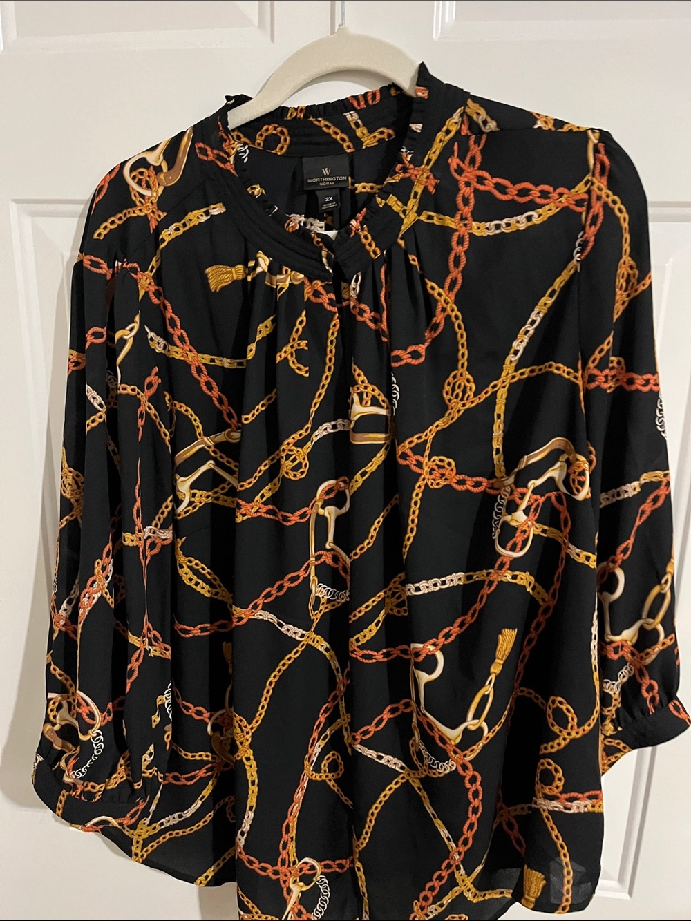 Worthington Black Chain-Print Tie-Neck Blouse - Black/Gold/Copper
